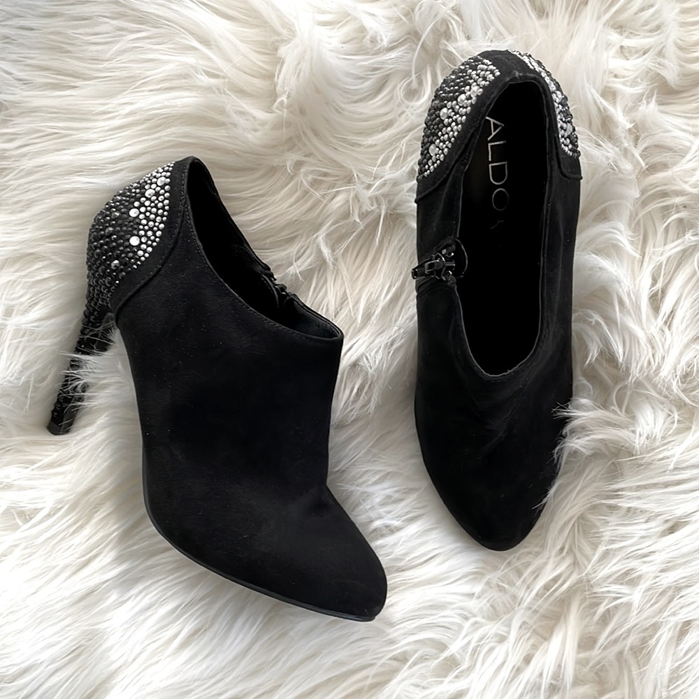 🚫 SOLD Aldo Suede Leather Rhinestone Heel Booties 7.5 - Picture 1 of 9